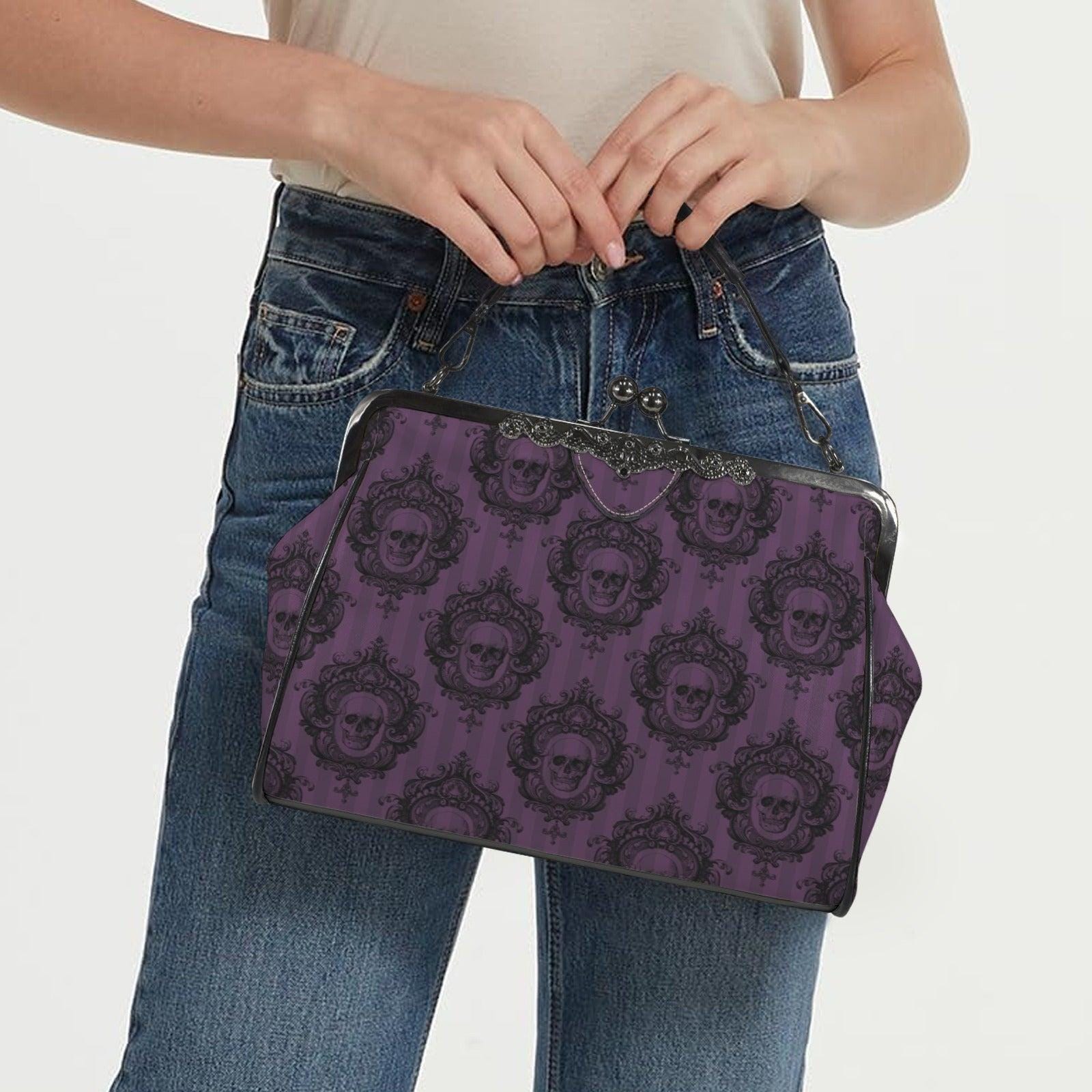 Purple Skull Cameo Kiss Lock Bag, Victorian Frame Handbag, Gothic Evening Purse