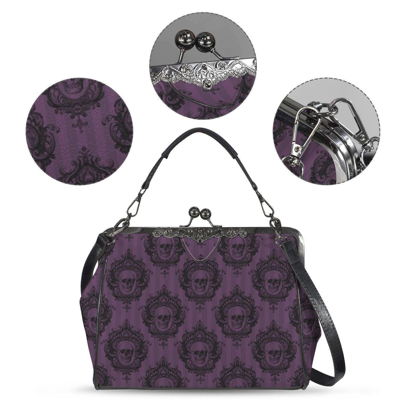 Purple Skull Cameo Kiss Lock Bag, Victorian Frame Handbag, Gothic Evening Purse
