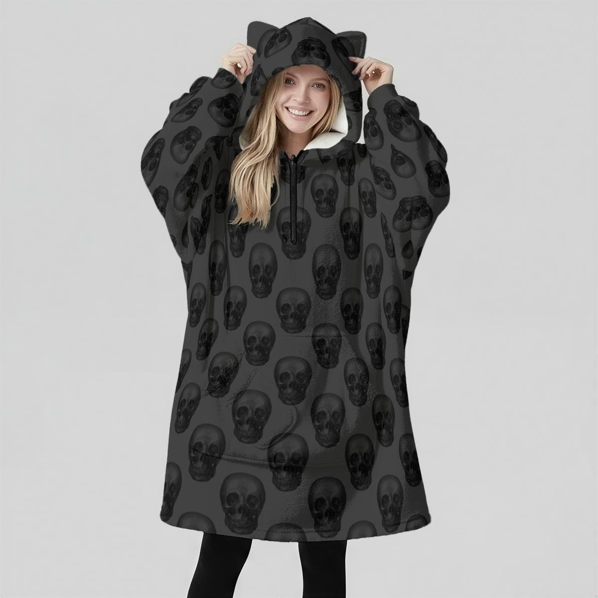 Skull Cat Ear Hooded Blanket, Oversized Cozy Wearable Lounge Hoodie for Halloween