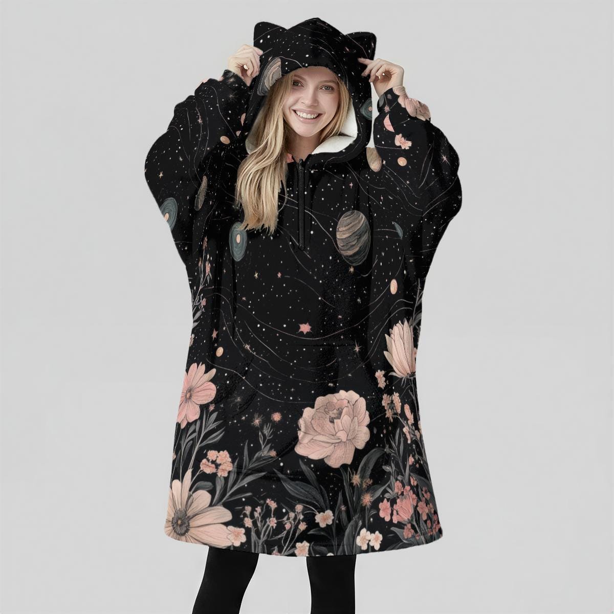Galaxy Floral Cat Ear Hooded Blanket, Spacecore Wearable Throw, Cozy Celestial Loungewear