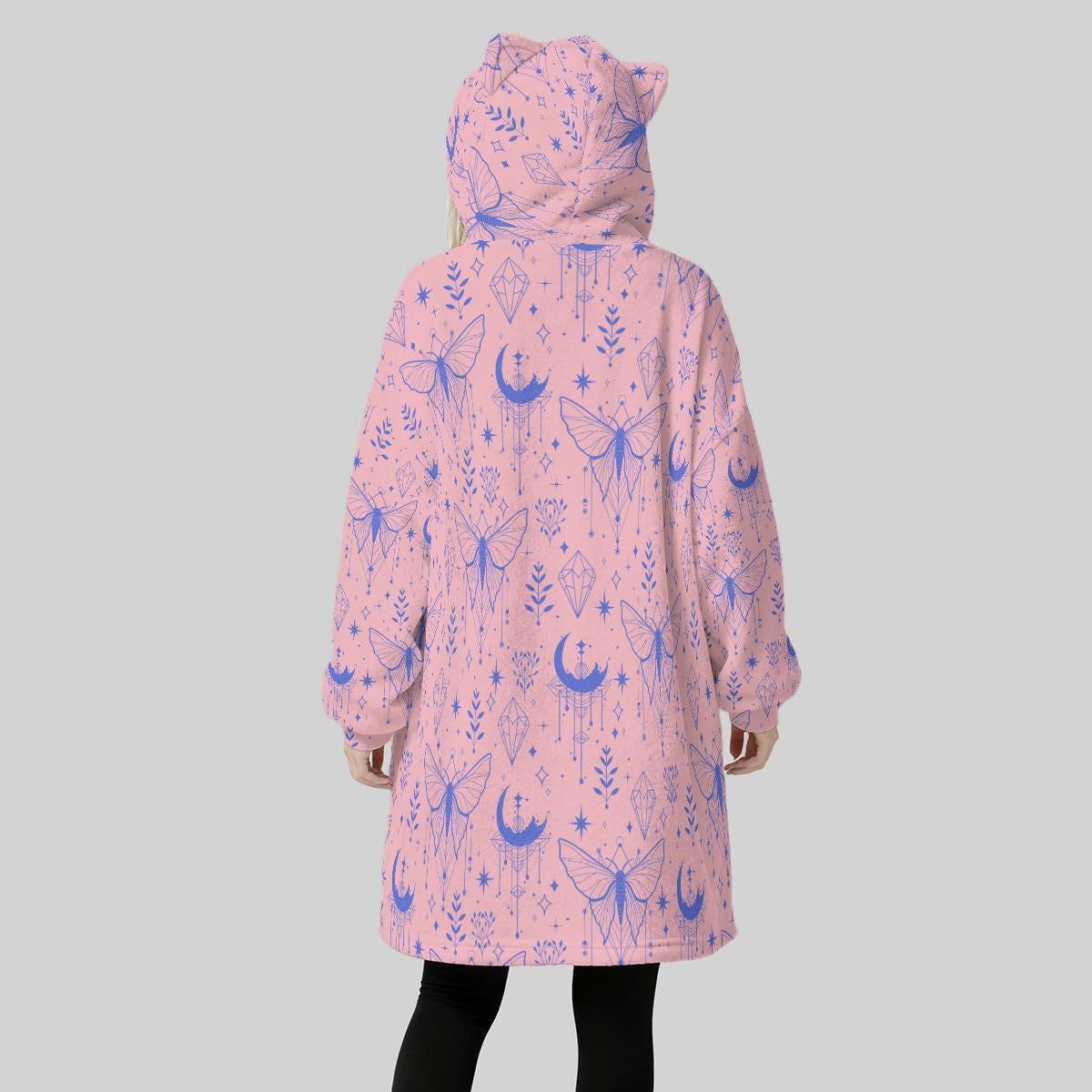 Pink Celestial Moth Hooded Blanket, Cat Ear Wearable Throw, Pastel Moon Lounge Hoodie, Cozy Witchy Gift