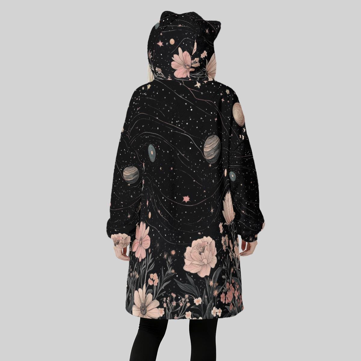 Galaxy Floral Cat Ear Hooded Blanket, Spacecore Wearable Throw, Cozy Celestial Loungewear
