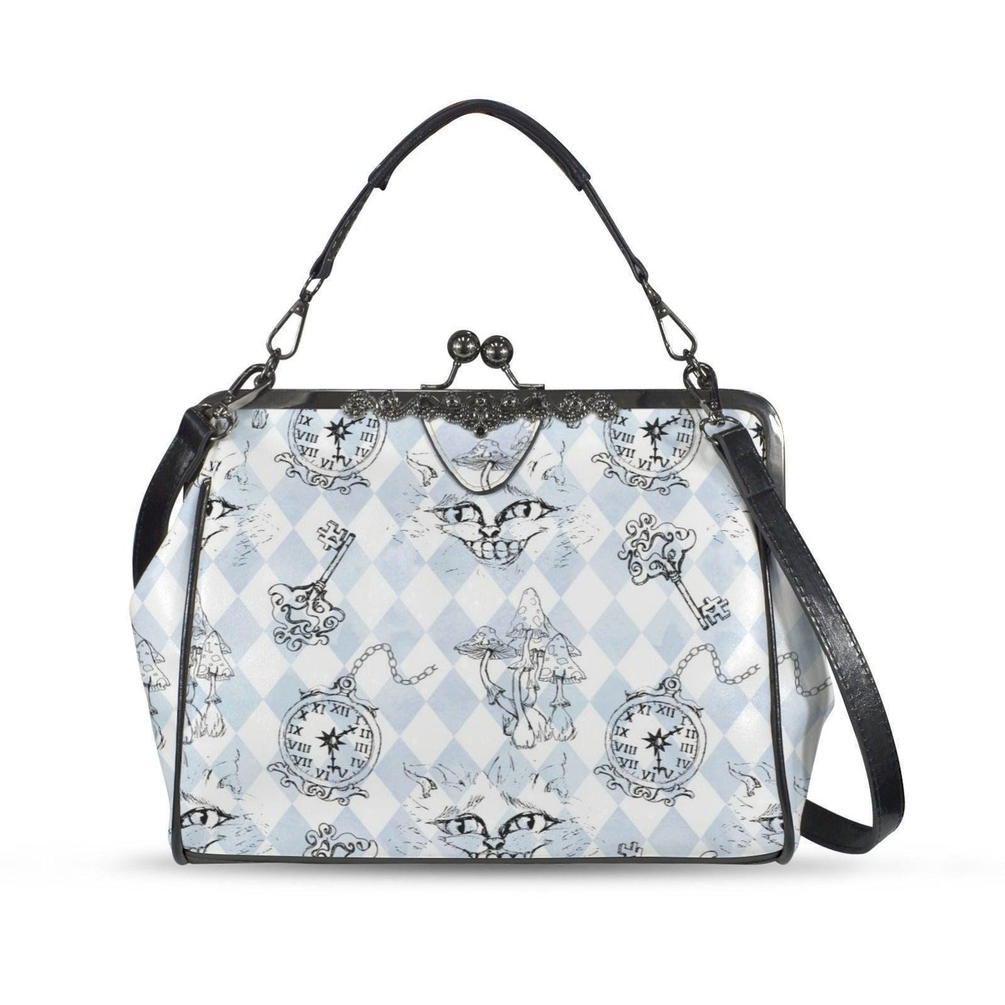 Kiss Lock Cat Handbag, Whimsical Mushroom Purse, Vintage Storybook Satchel