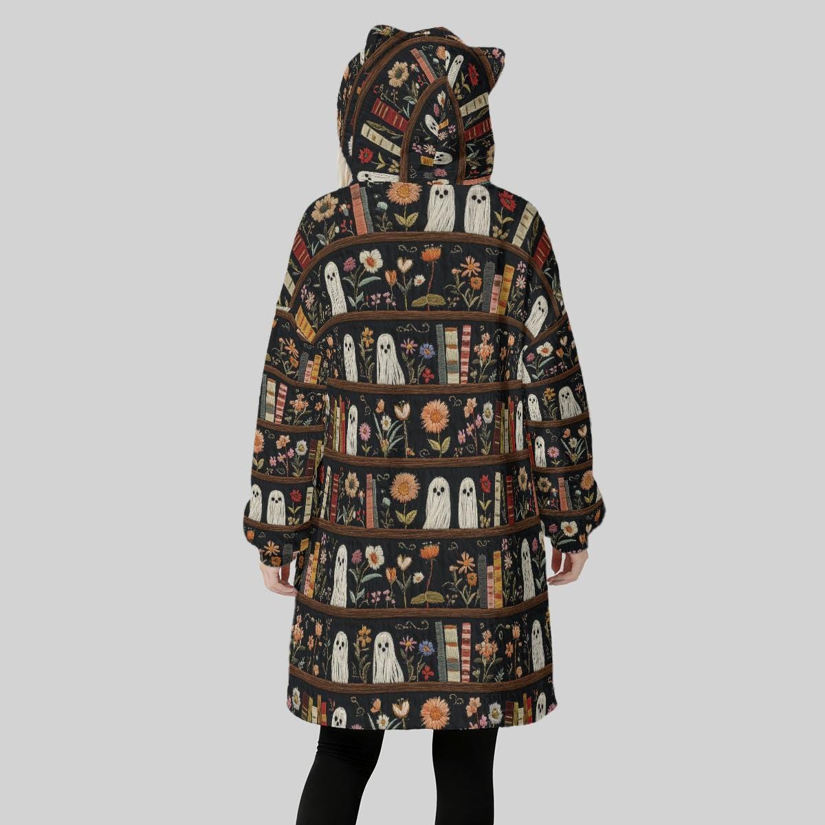 Ghost Bookshelf Hooded Blanket, Spooky Floral Cozy Reading Hoodie