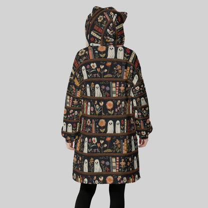 Ghost Bookshelf Hooded Blanket, Spooky Floral Cozy Reading Hoodie