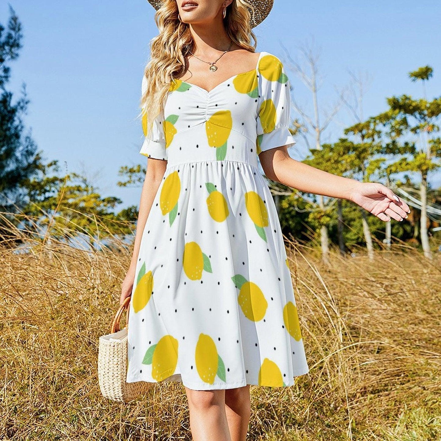 Lemon print midi dress, puff sleeve summer dress, sweetheart neckline, white citrus sundress, vacation outfit