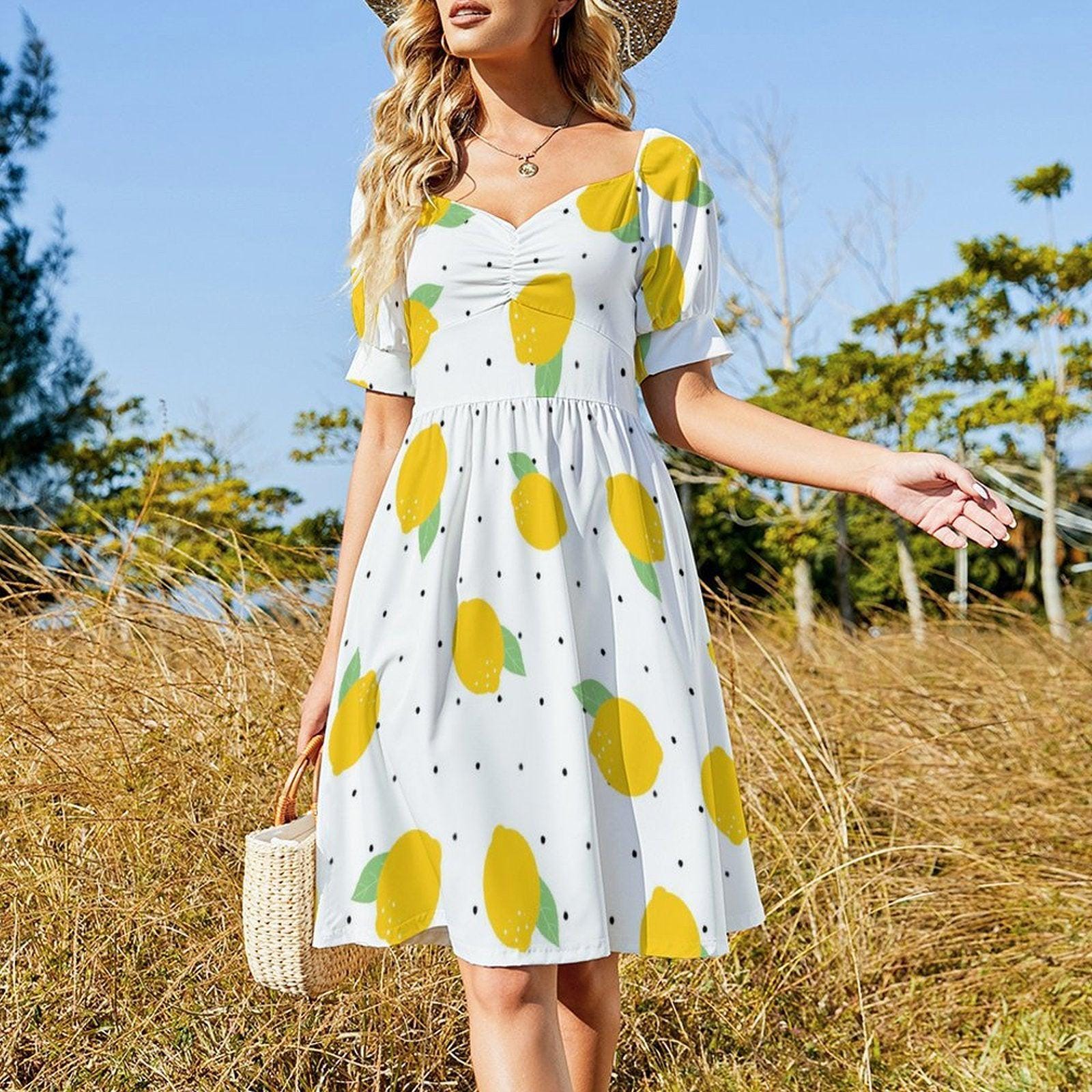 Lemon print midi dress, puff sleeve summer dress, sweetheart neckline, white citrus sundress, vacation outfit