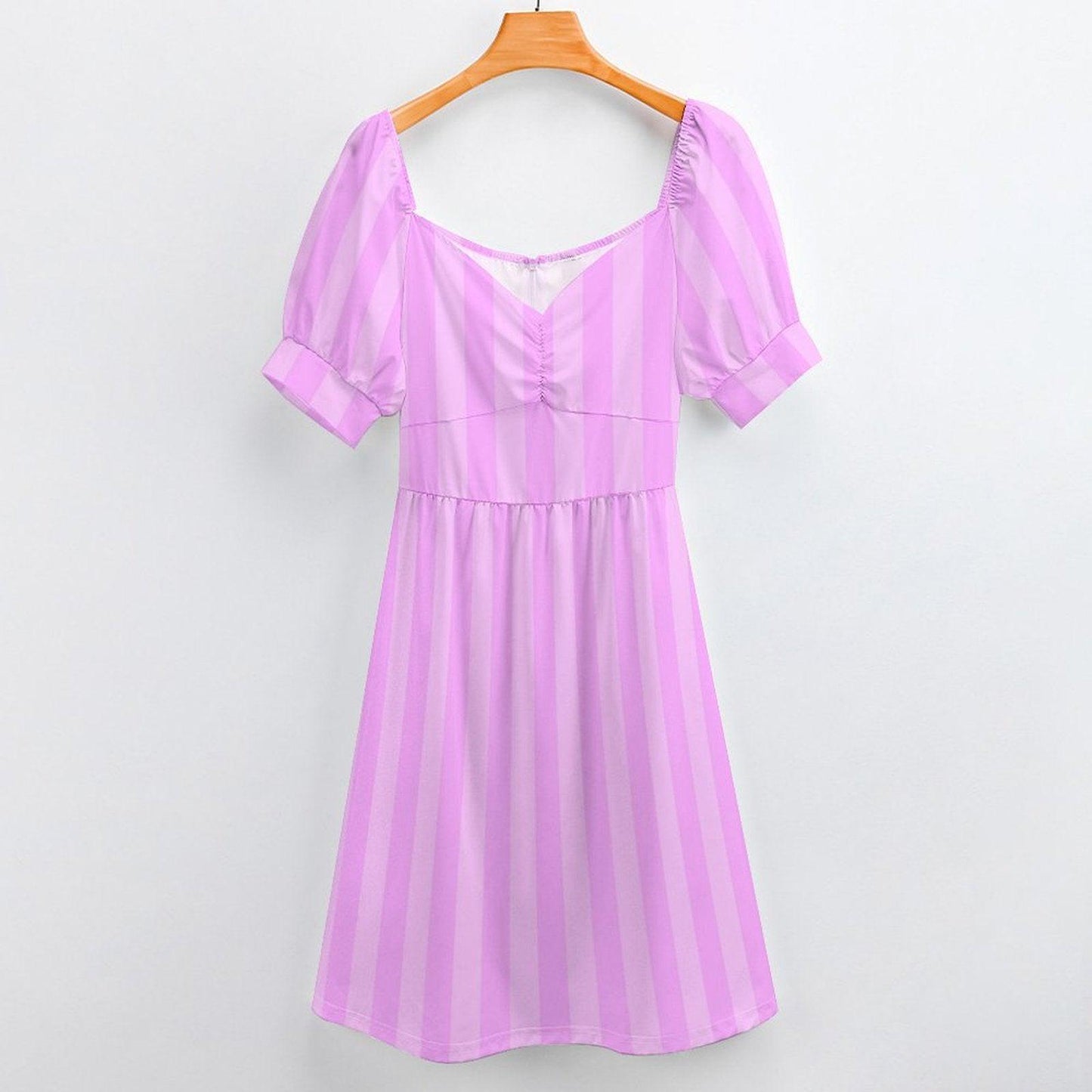 Lilac stripe midi dress, pastel purple sundress, puff sleeve tea dress, romantic sweetheart neckline, spring garden party outfit