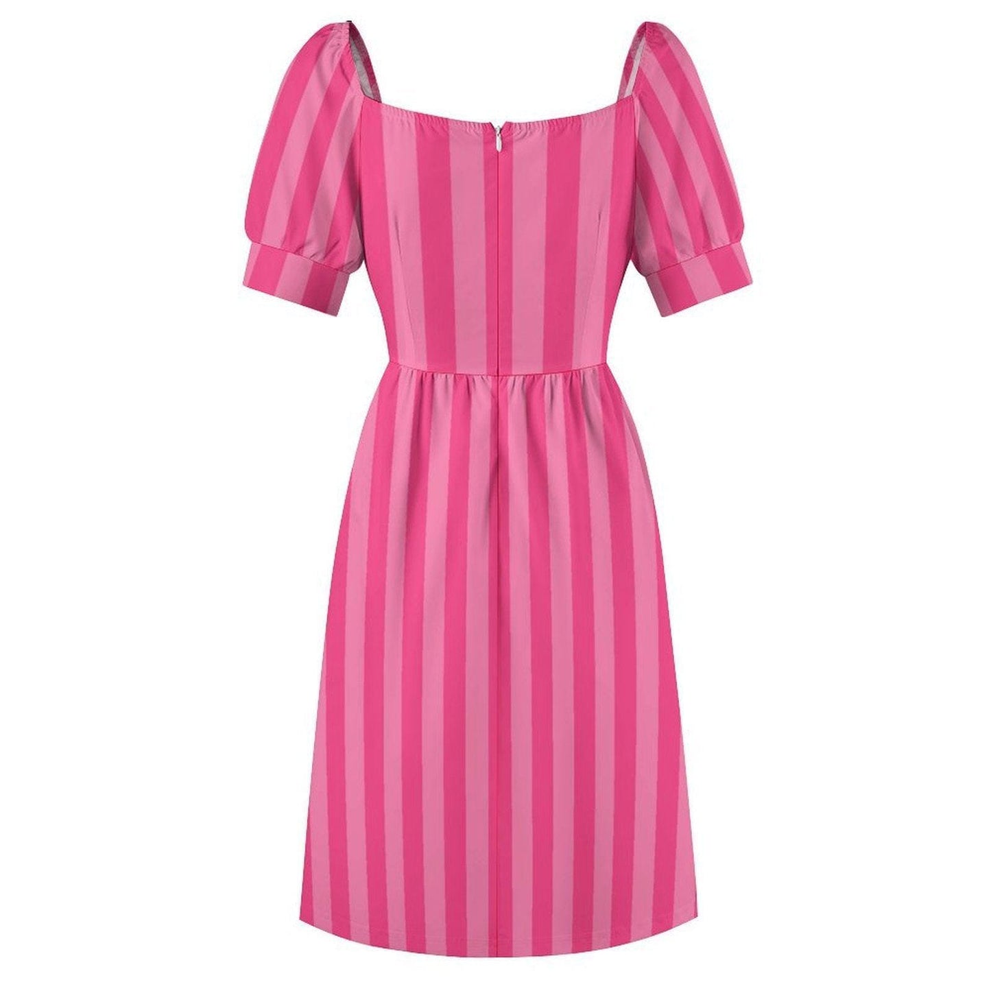 Pink Striped Babydoll Dress, Sweetheart Puff Sleeve Sundress, Cottagecore Picnic Outfit
