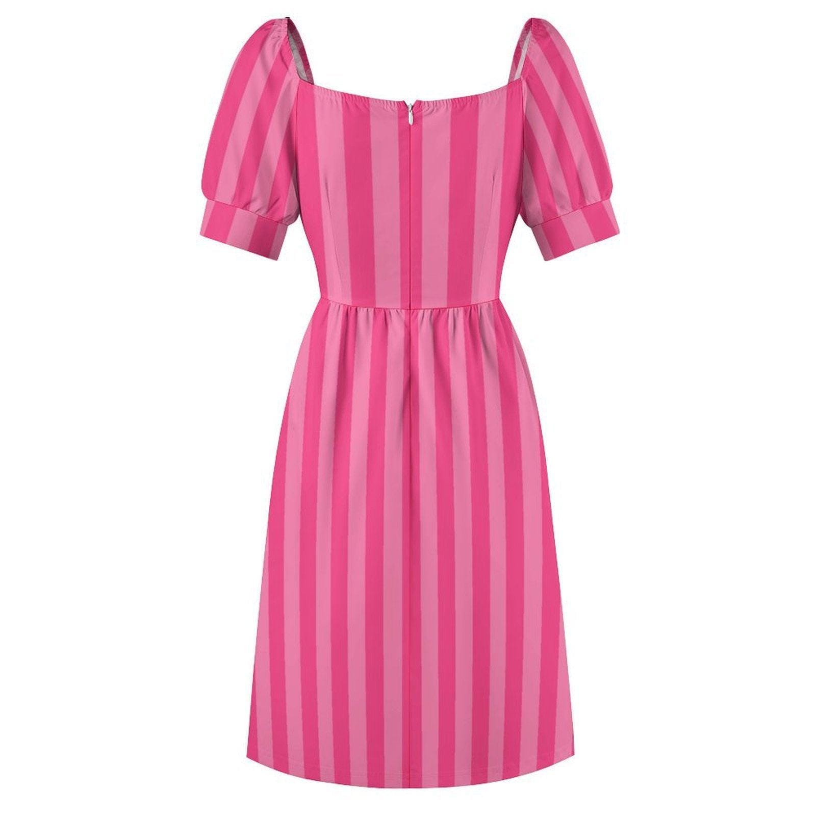 Pink Striped Babydoll Dress, Sweetheart Puff Sleeve Sundress, Cottagecore Picnic Outfit