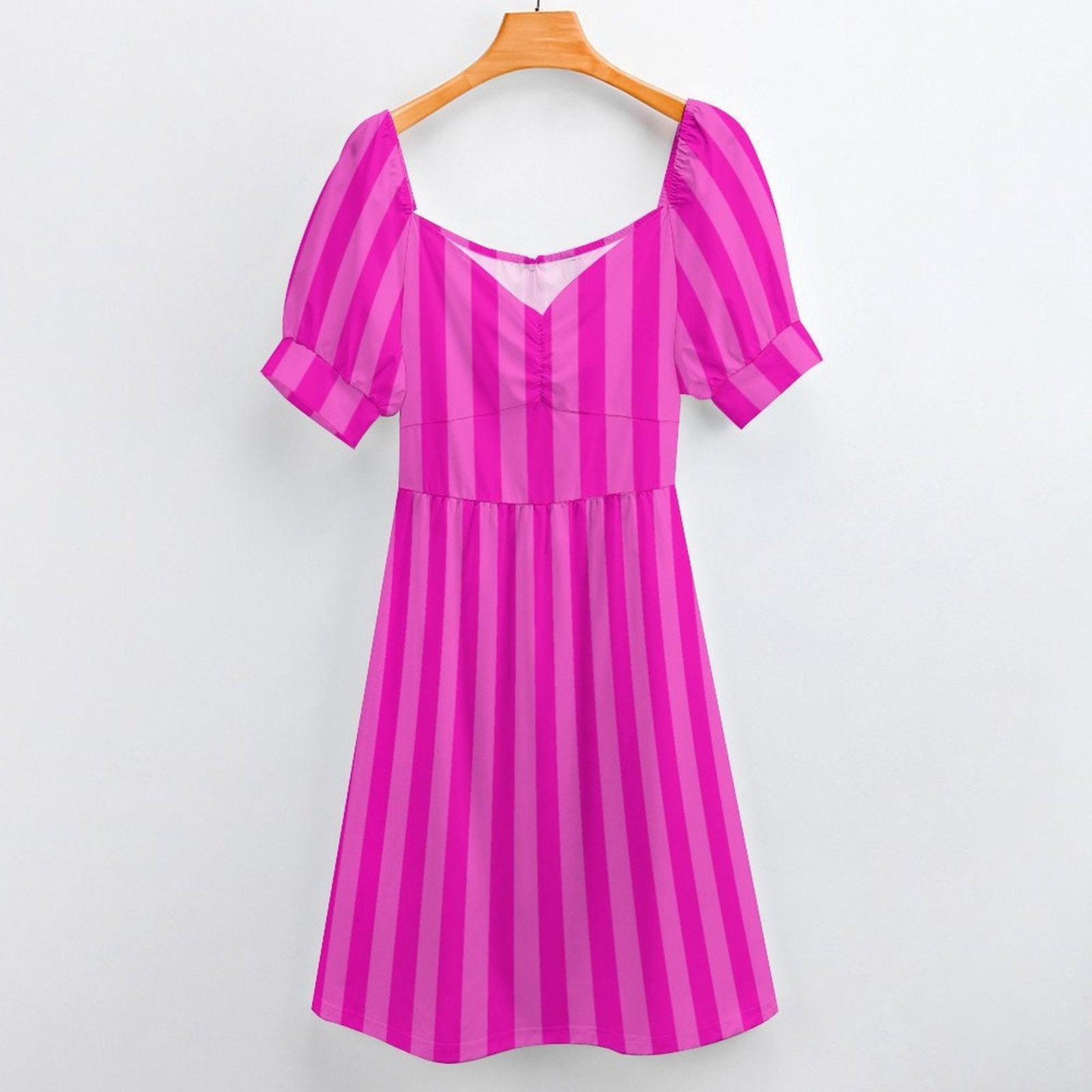 Fuchsia Sweetheart Dress, Striped Day Dress, Puff Sleeve Vacation Outfit for Women