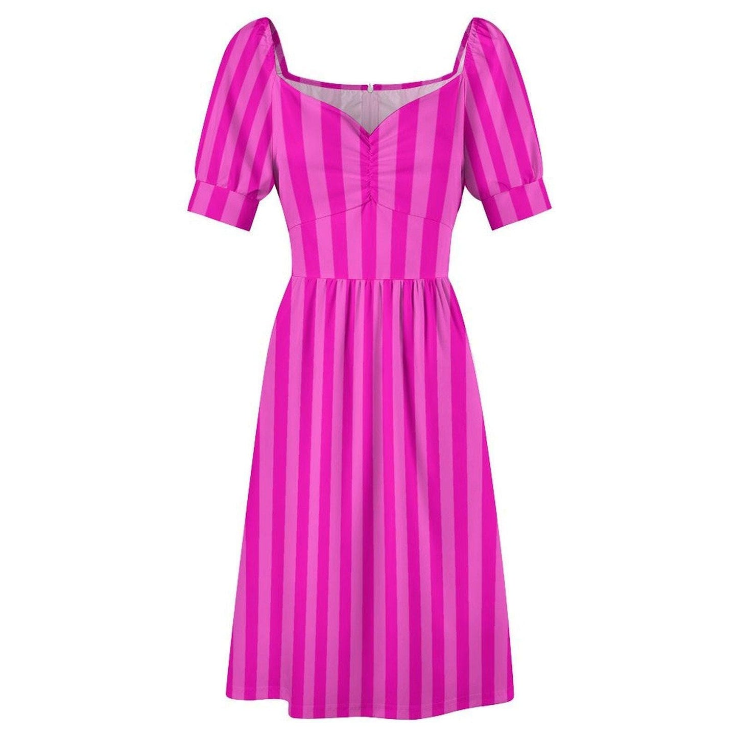 Fuchsia Sweetheart Dress, Striped Day Dress, Puff Sleeve Vacation Outfit for Women