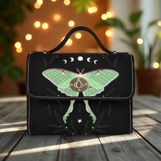 Moth Celestial Moon Black Canvas Satchel bag, Cute women nature crossbody purse, cute black strap hand bag, hippies boho gift purse