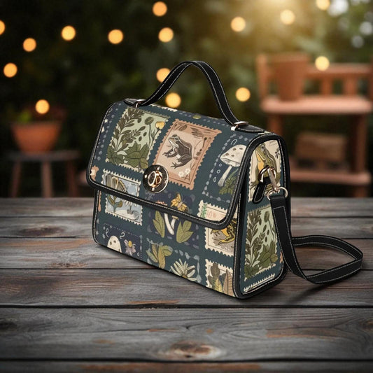 Woodland Postage Stamp Crossbody Bag, Cottagecore Nature Purse with Frog Mushroom Botanical Print