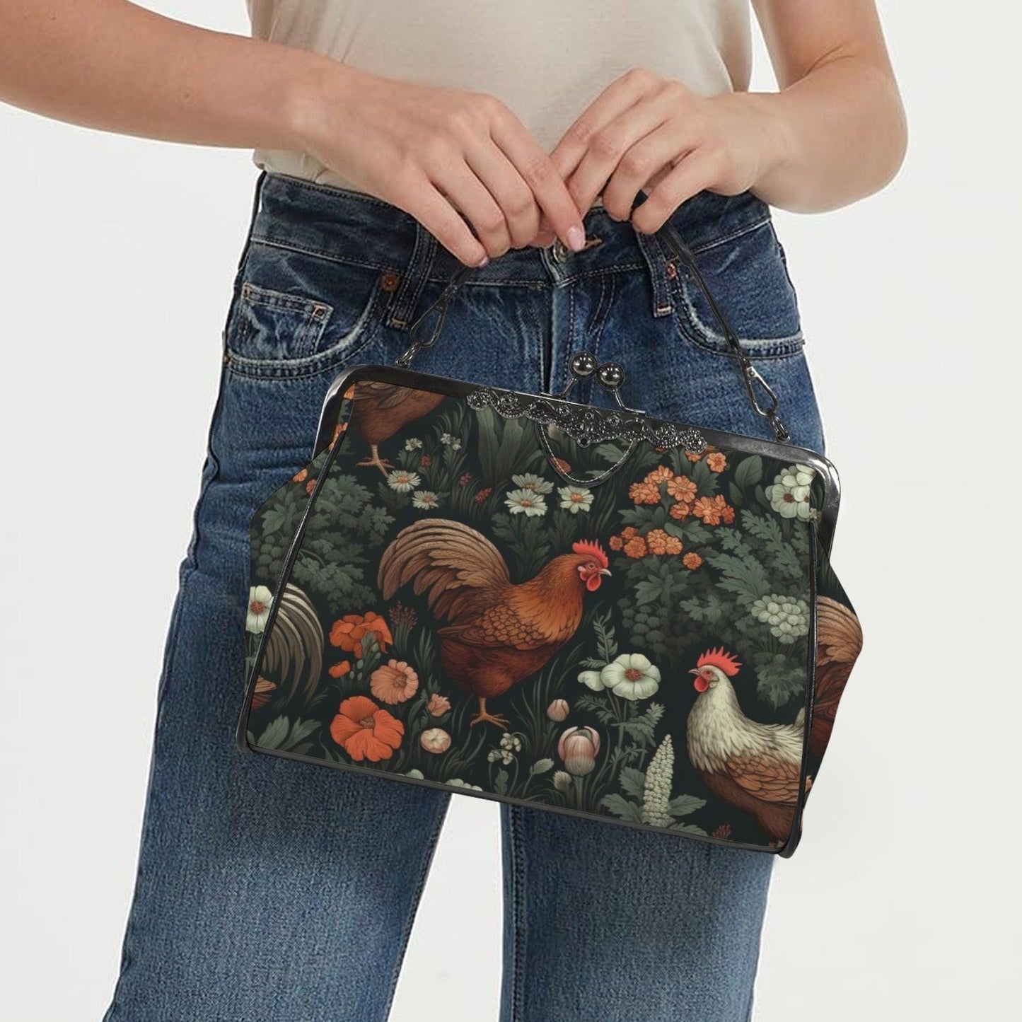 Rooster Floral Kisslock Bag, Vintage Cottage Farmhouse Handbag, Chicken Print Purse