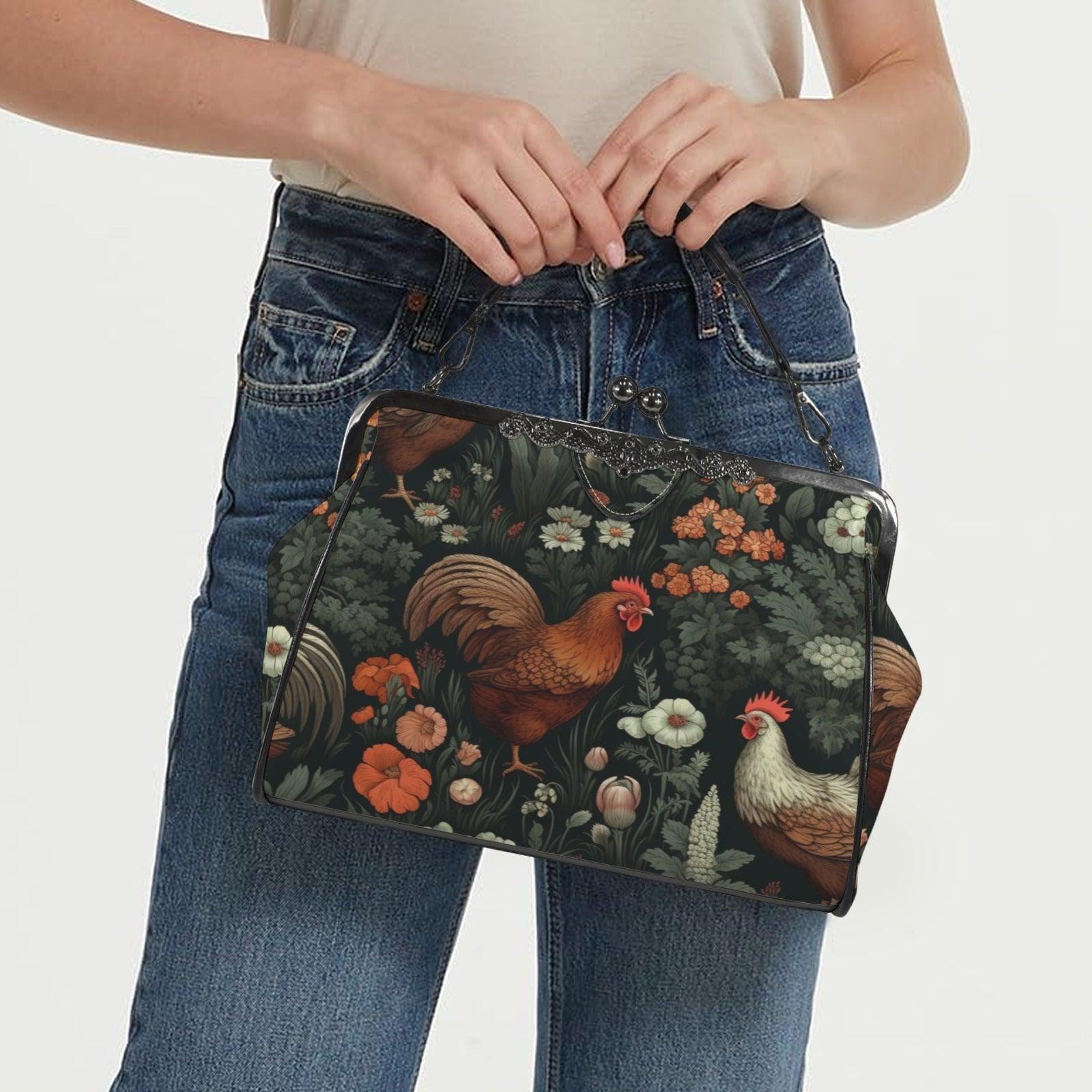Rooster Floral Kisslock Bag, Vintage Cottage Farmhouse Handbag, Chicken Print Purse