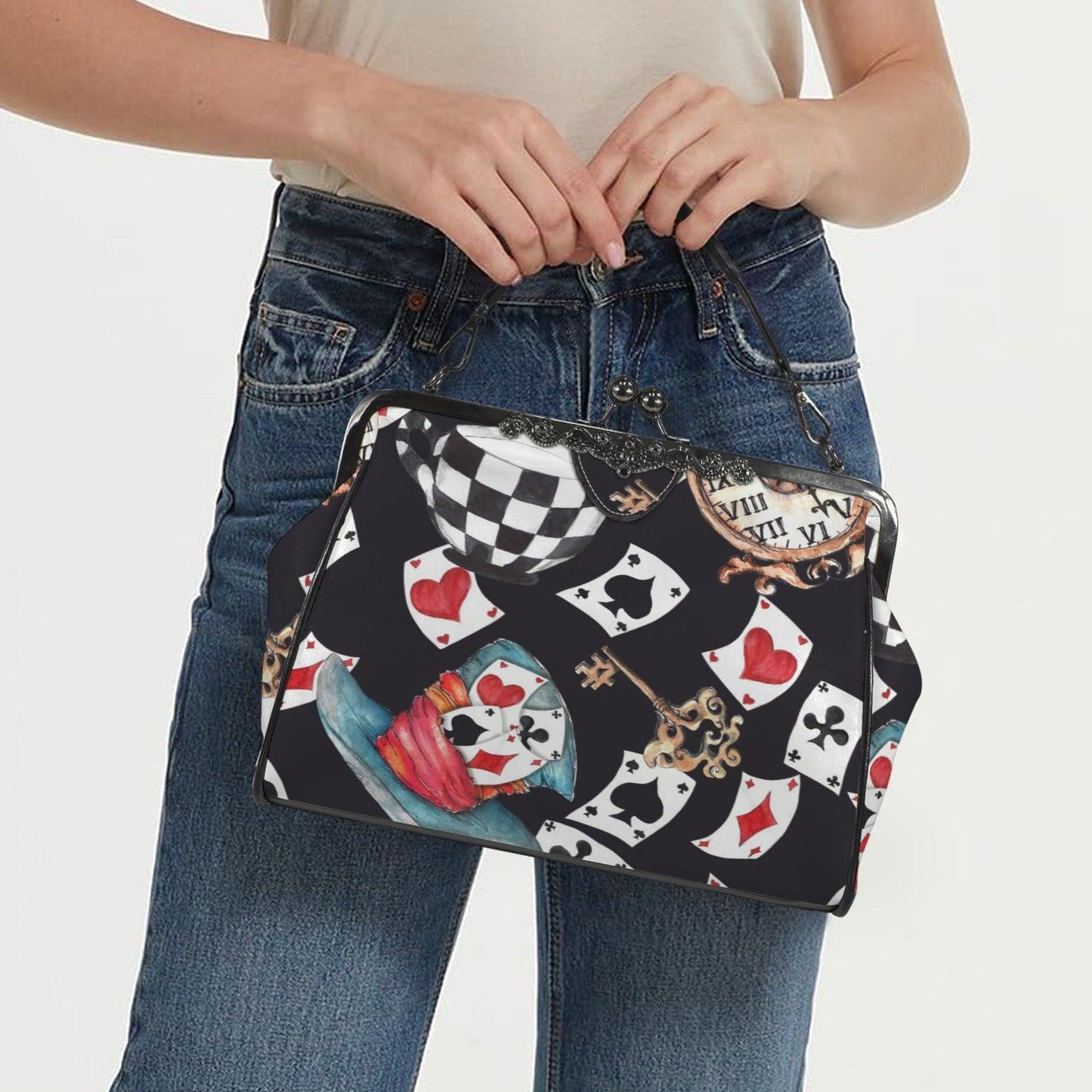 Playing Card Kiss Lock Bag Whimsical Tea Party Handbag Storybook Shoulder Purse