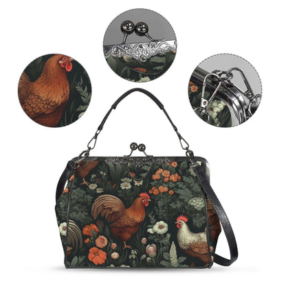 Rooster Floral Kisslock Bag, Vintage Cottage Farmhouse Handbag, Chicken Print Purse