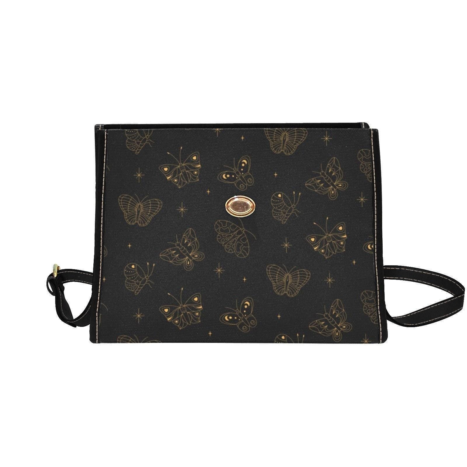 Golden Butterfly Crossbody Bag, Gothic Celestial Purse, Witchy Cottagecore Gift, Waterproof Canvas