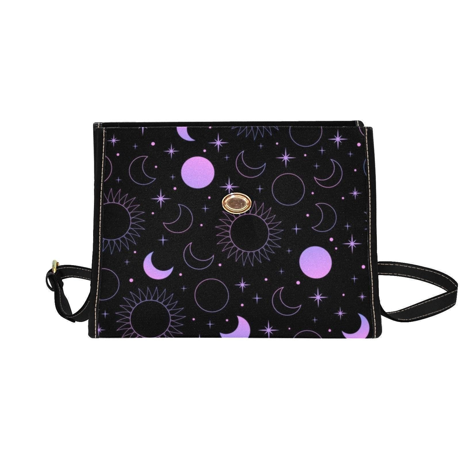 Purple Celestial Moon, Witchcore Star Print Bag, Astro Moon Phases Purse, Cosmic Night Crossbody, Galaxy Sky Shoulder Bag, Space Goth Style