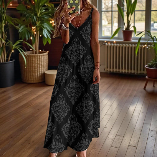 Black Damask Maxi Slip Dress, Gothic Baroque Spaghetti Strap, Elegant Dark Romantic Summer Clothing