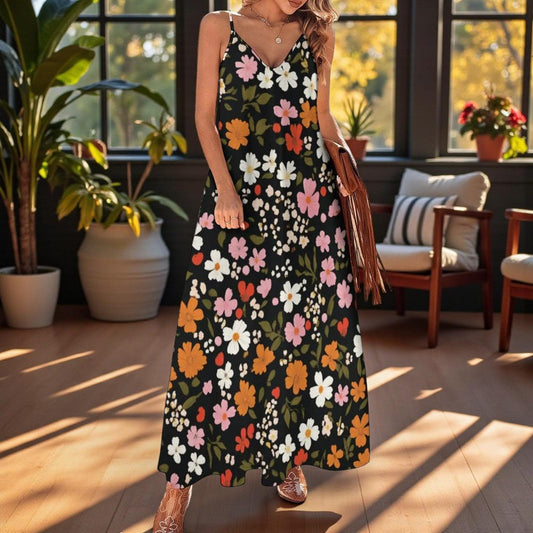 Black floral maxi dress, retro cottagecore sundress, summer bohemian garden party attire