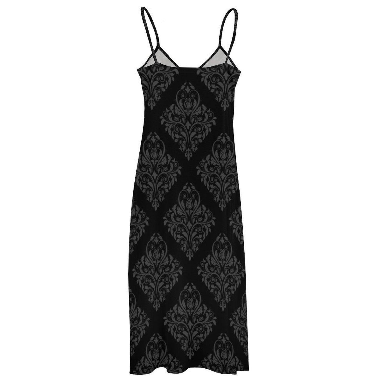 Black Damask Maxi Slip Dress, Gothic Baroque Spaghetti Strap, Elegant Dark Romantic Summer Clothing
