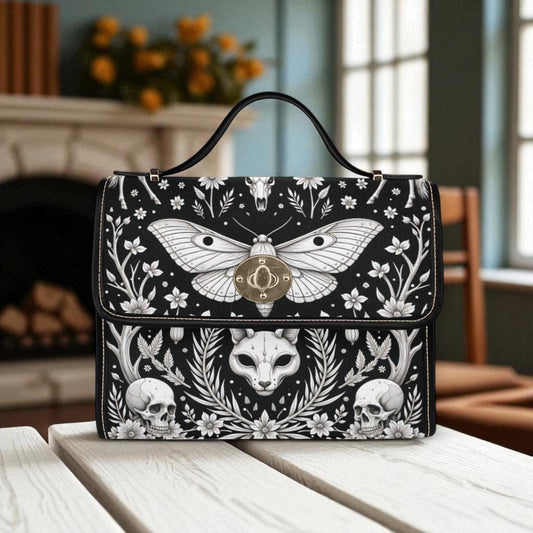 Gothic Moth Familiar Crossbody Purse - Occult Witchcore Skull Print Handbag Dark Forest Magic Spirit Animal Bag Spooky Gift