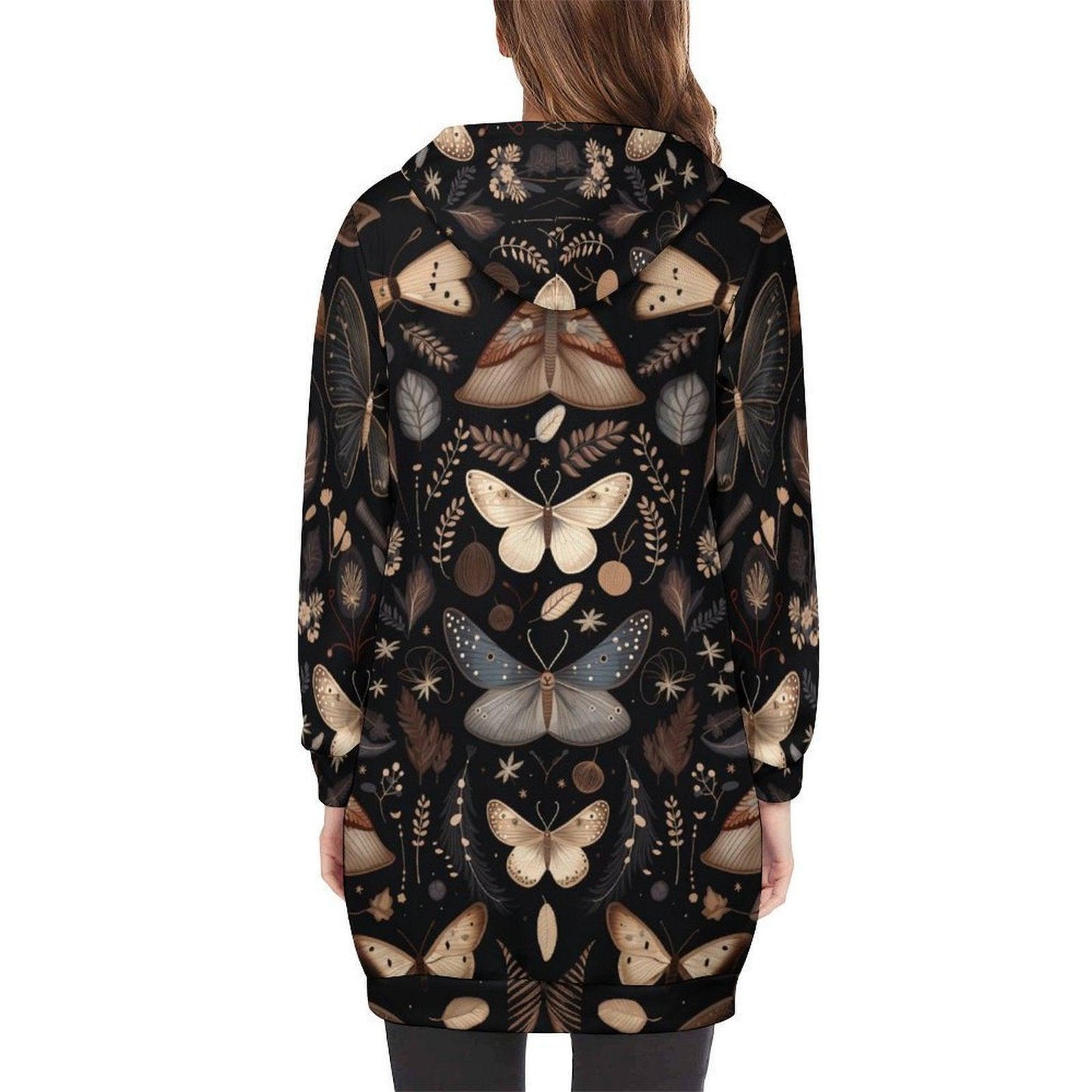 Moth Print Long Hooded Jacket, Woodland Gothic Outerwear, Fall Layering Coat, Nature-Inspired Zip Coat