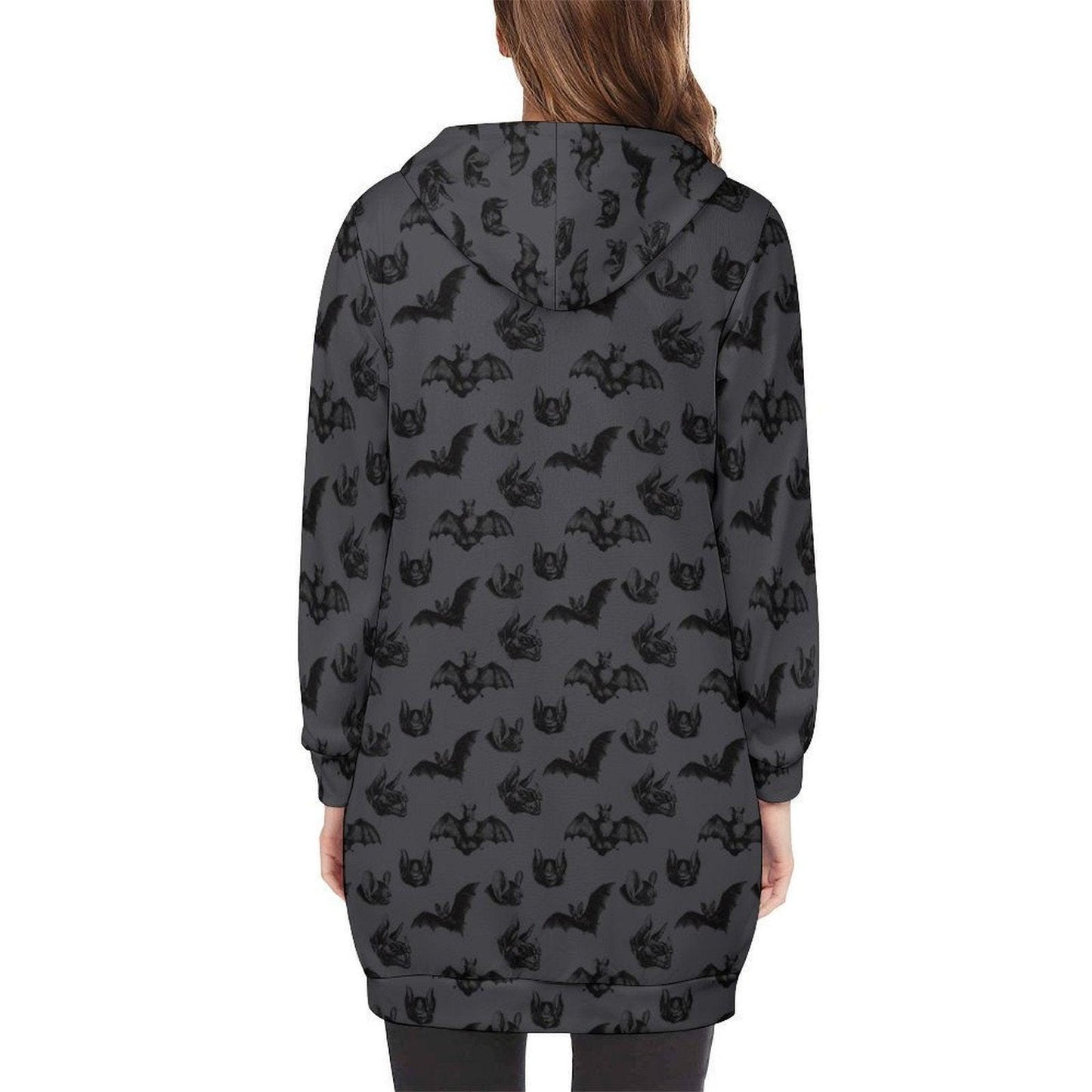 Bat Print Hooded Cardigan, Gothic Long Zip Hoodie, Halloween Duster Jacket for Women