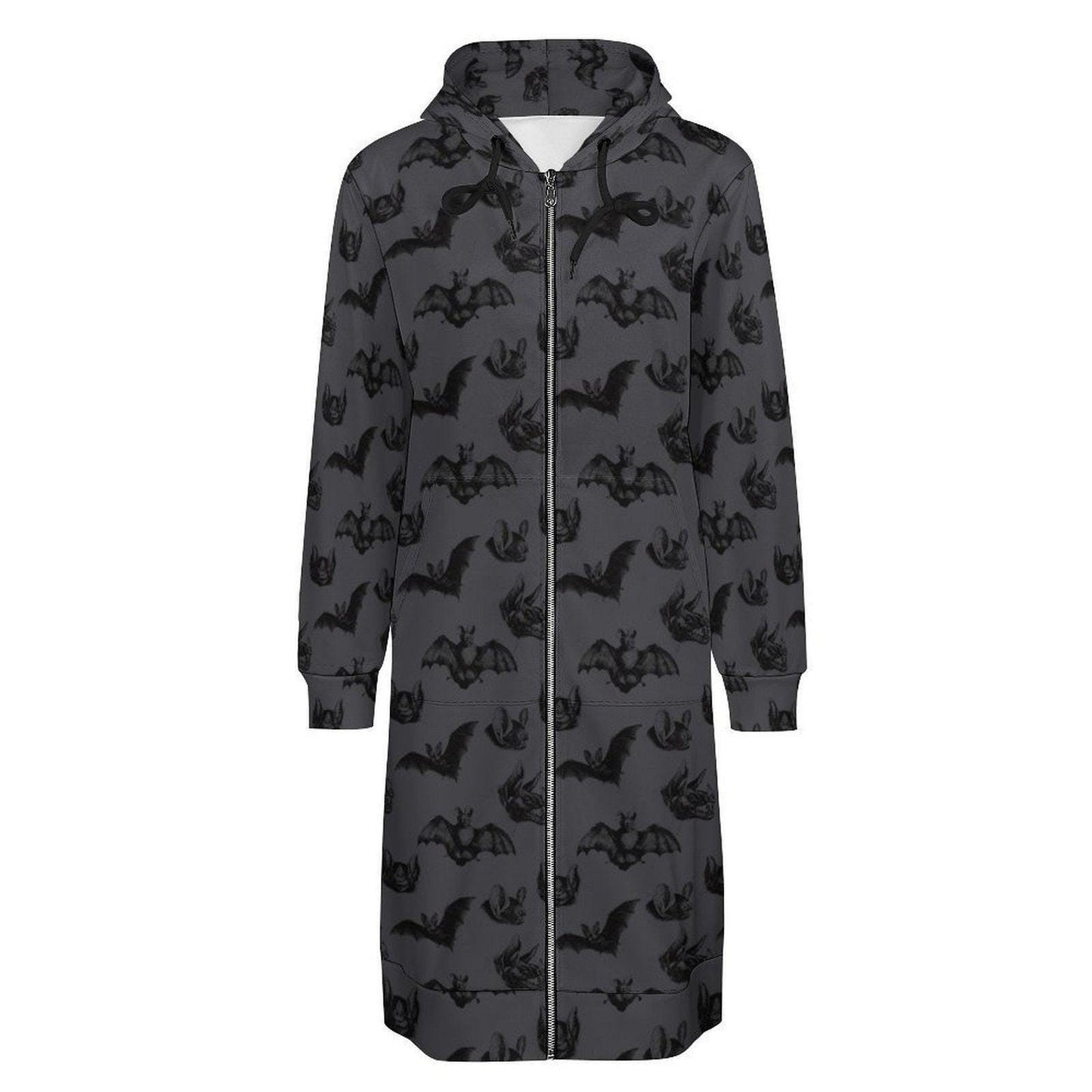 Bat Print Hooded Cardigan, Gothic Long Zip Hoodie, Halloween Duster Jacket for Women