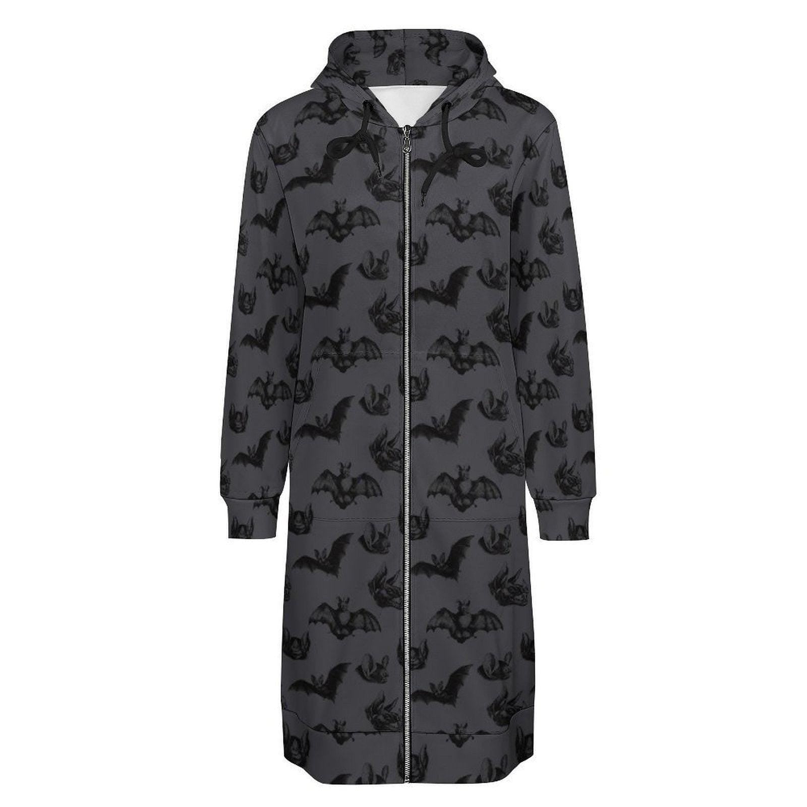 Bat Print Hooded Cardigan, Gothic Long Zip Hoodie, Halloween Duster Jacket for Women