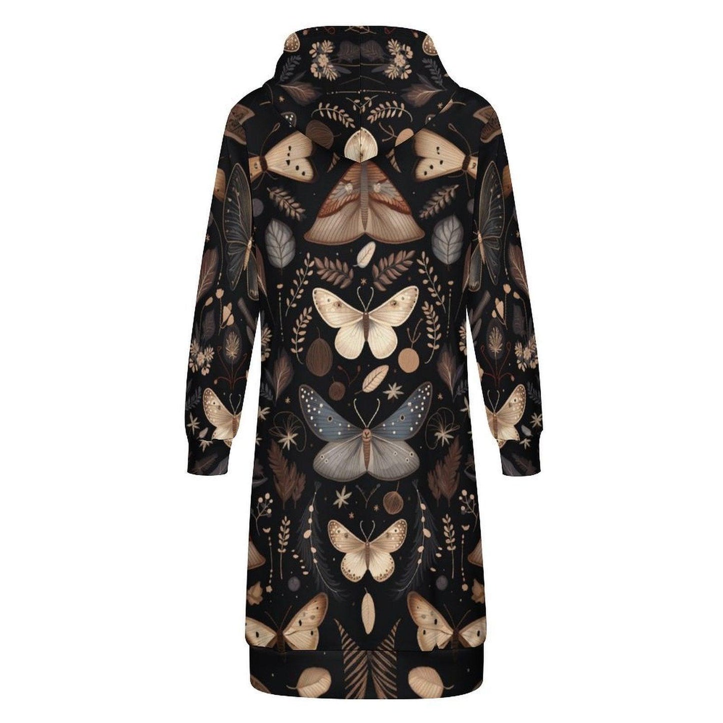 Moth Print Long Hooded Jacket, Woodland Gothic Outerwear, Fall Layering Coat, Nature-Inspired Zip Coat