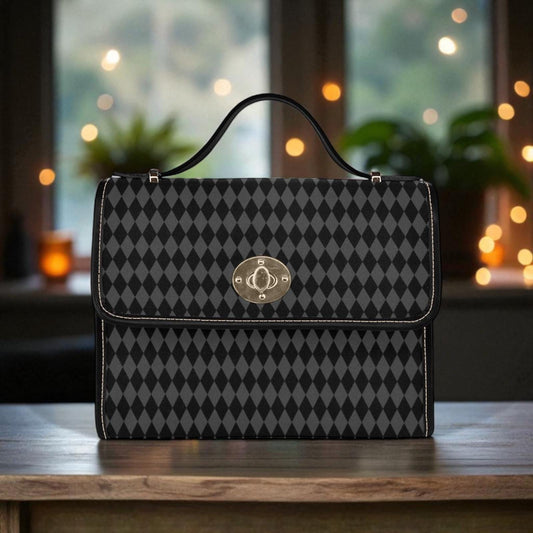 Black harlequin top handle bag, diamond print satchel purse, gothic vintage style handbag, dark alt fashion accessory