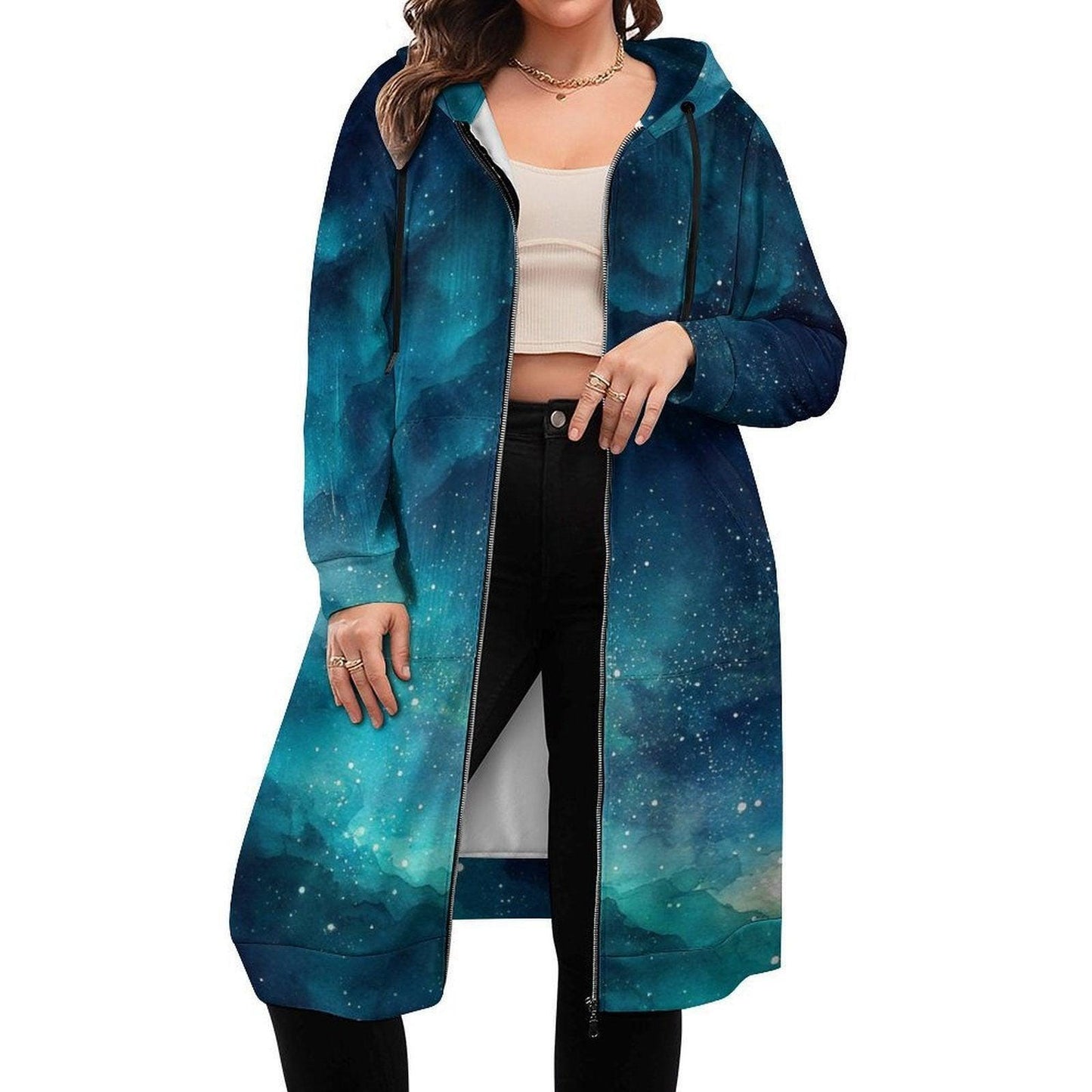 Blue galaxy hooded cardigan, long zip hoodie coat, watercolor star print outerwear