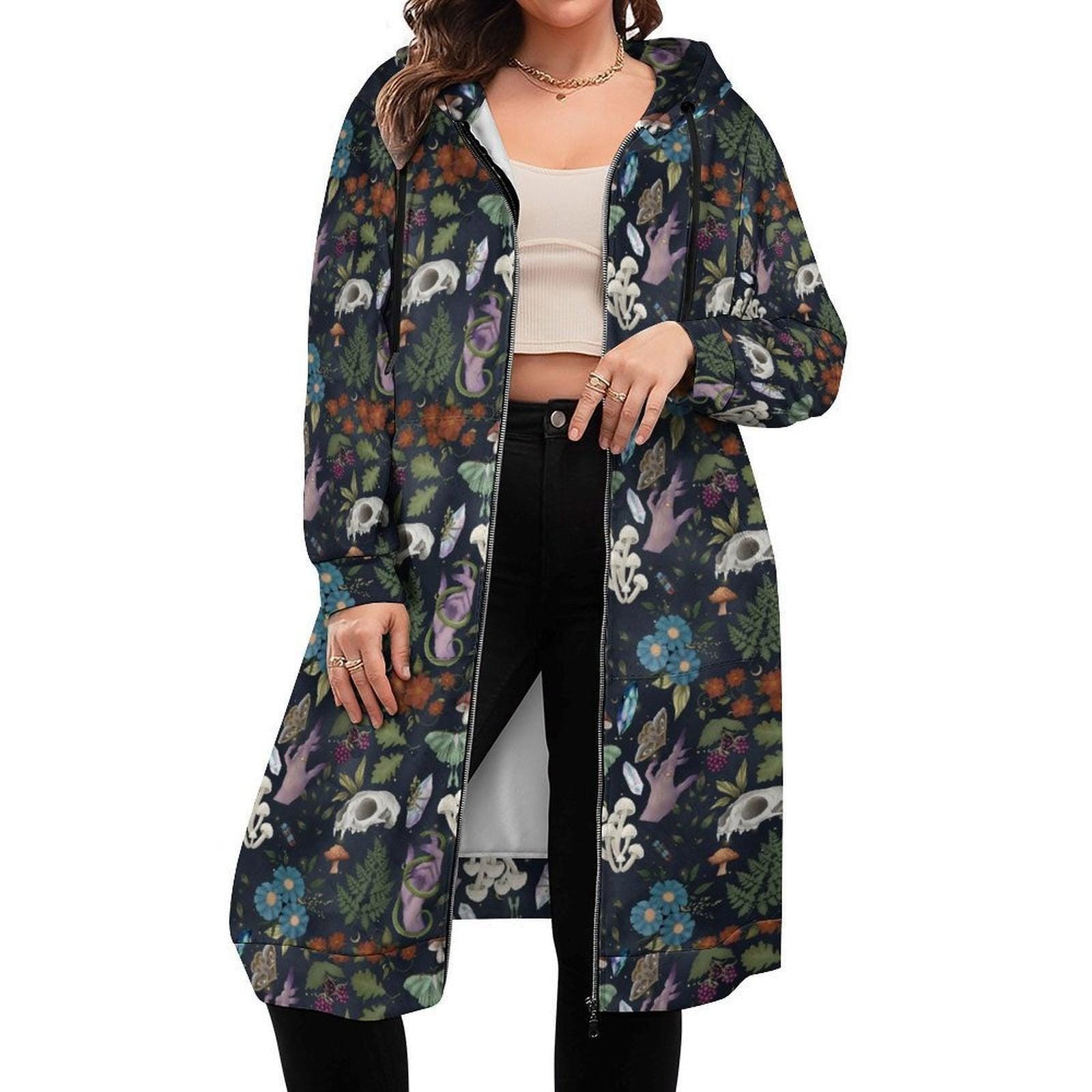 Forest Skull and Snake Print Long Zip Hoodie Coat, Moody Botanical Layer, Dark Woodland Fashion