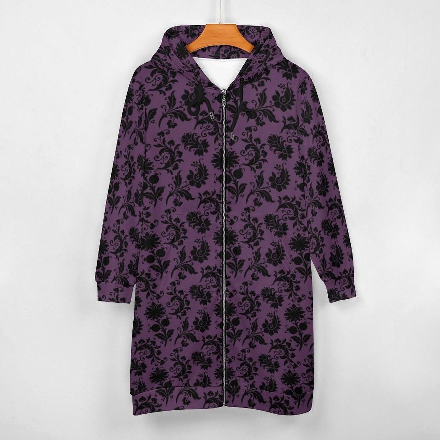 Purple damask longline zip coat, Victorian-inspired spooky floral outerwear for women, gothic streetwear