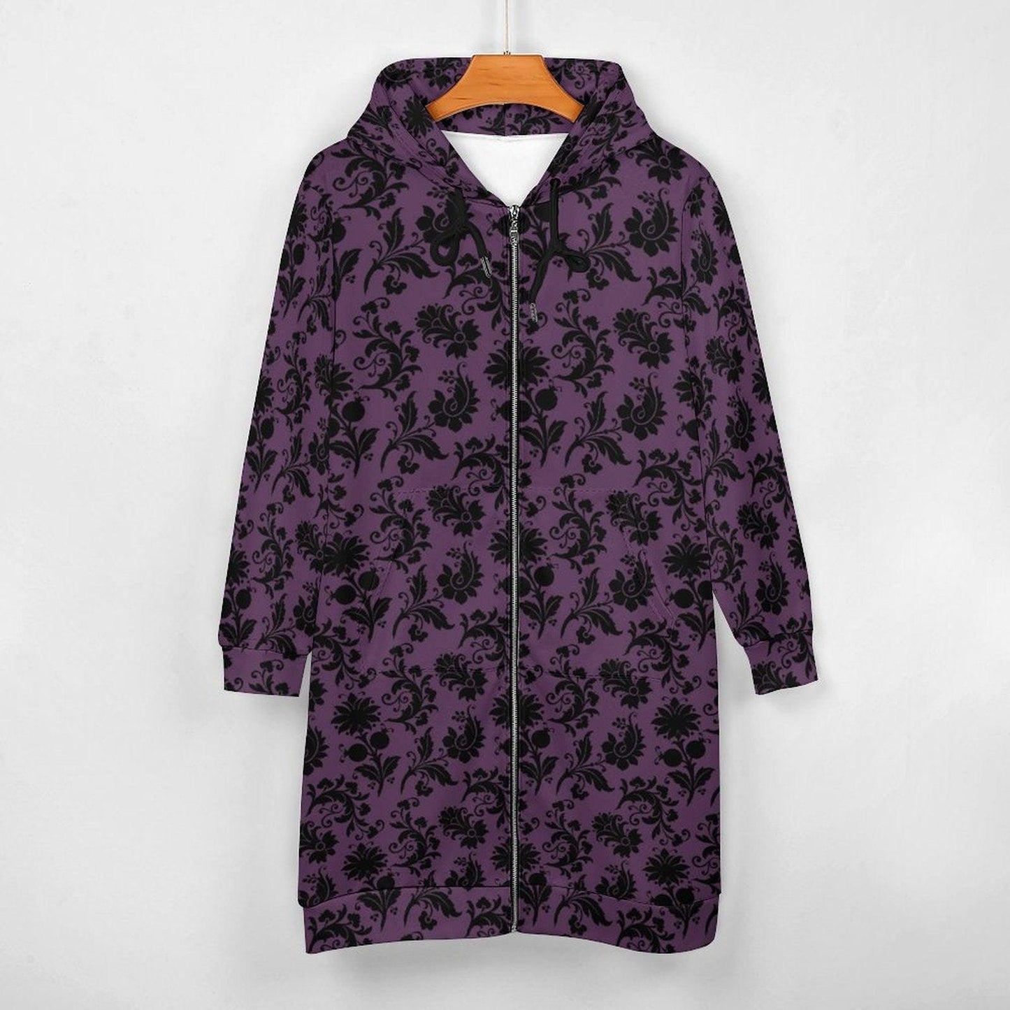 Purple damask longline zip coat, Victorian-inspired spooky floral outerwear for women, gothic streetwear