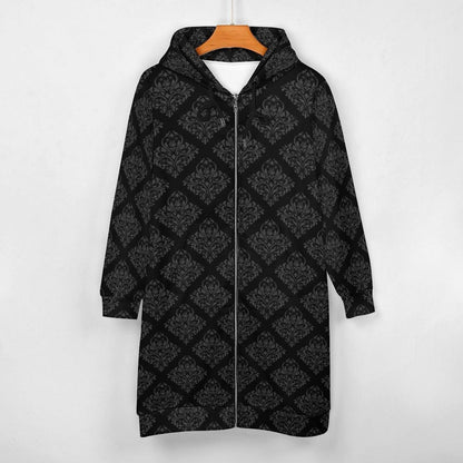 Damask Hooded Cardigan Black Baroque Longline Duster Coat for Women