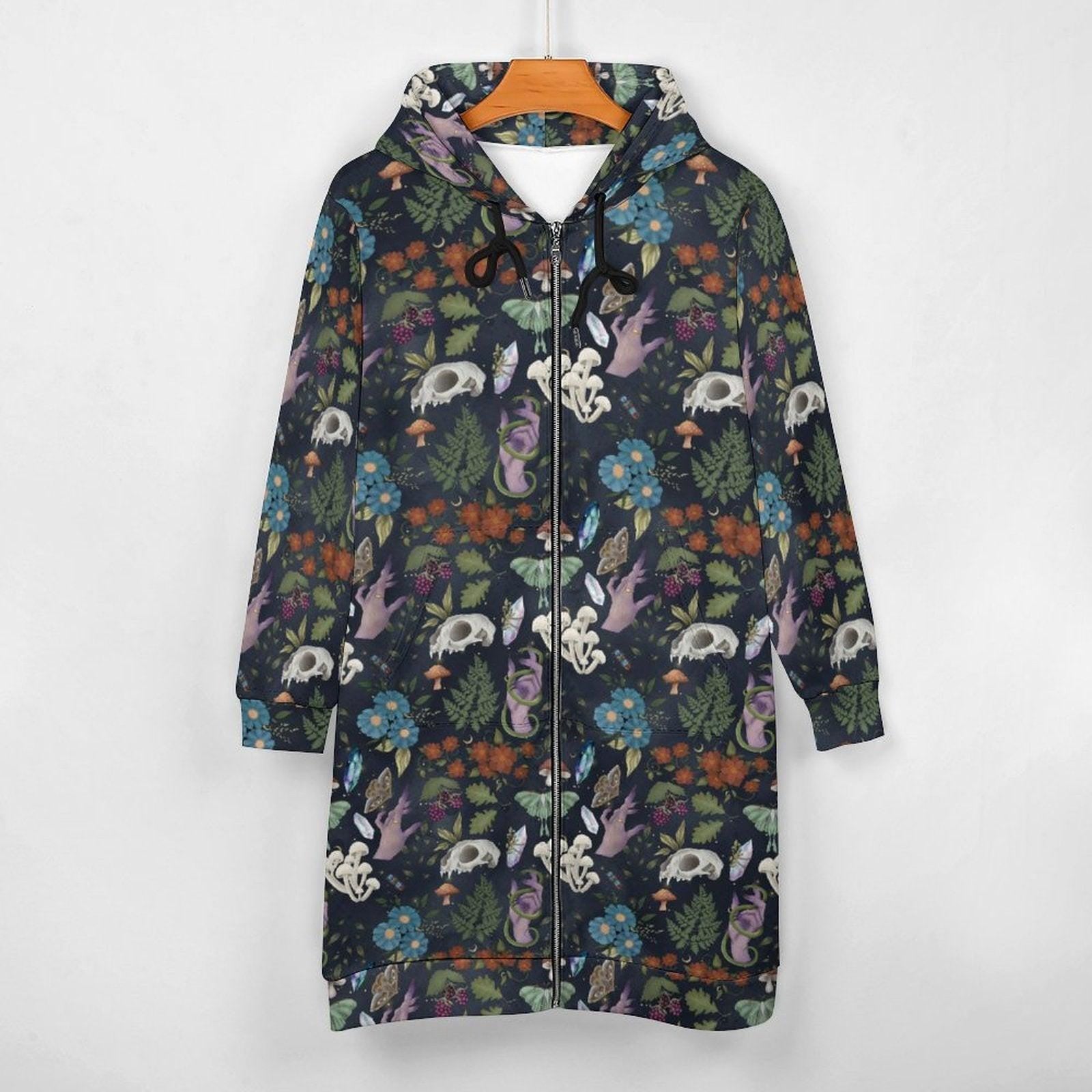 Forest Skull and Snake Print Long Zip Hoodie Coat, Moody Botanical Layer, Dark Woodland Fashion