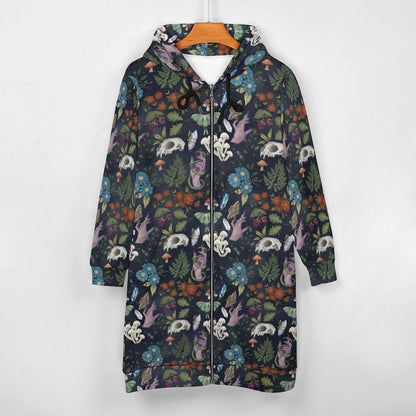 Witchy Long Hooded Coat, Dark Forest Mushroom Crystal Print Jacket