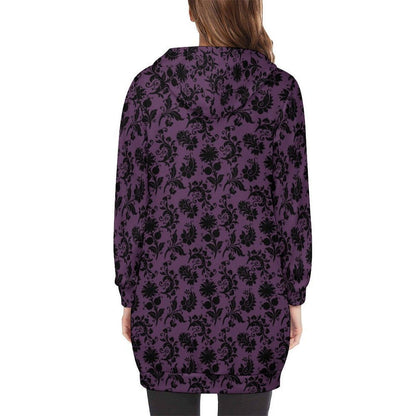 Purple damask longline zip coat, Victorian-inspired spooky floral outerwear for women, gothic streetwear