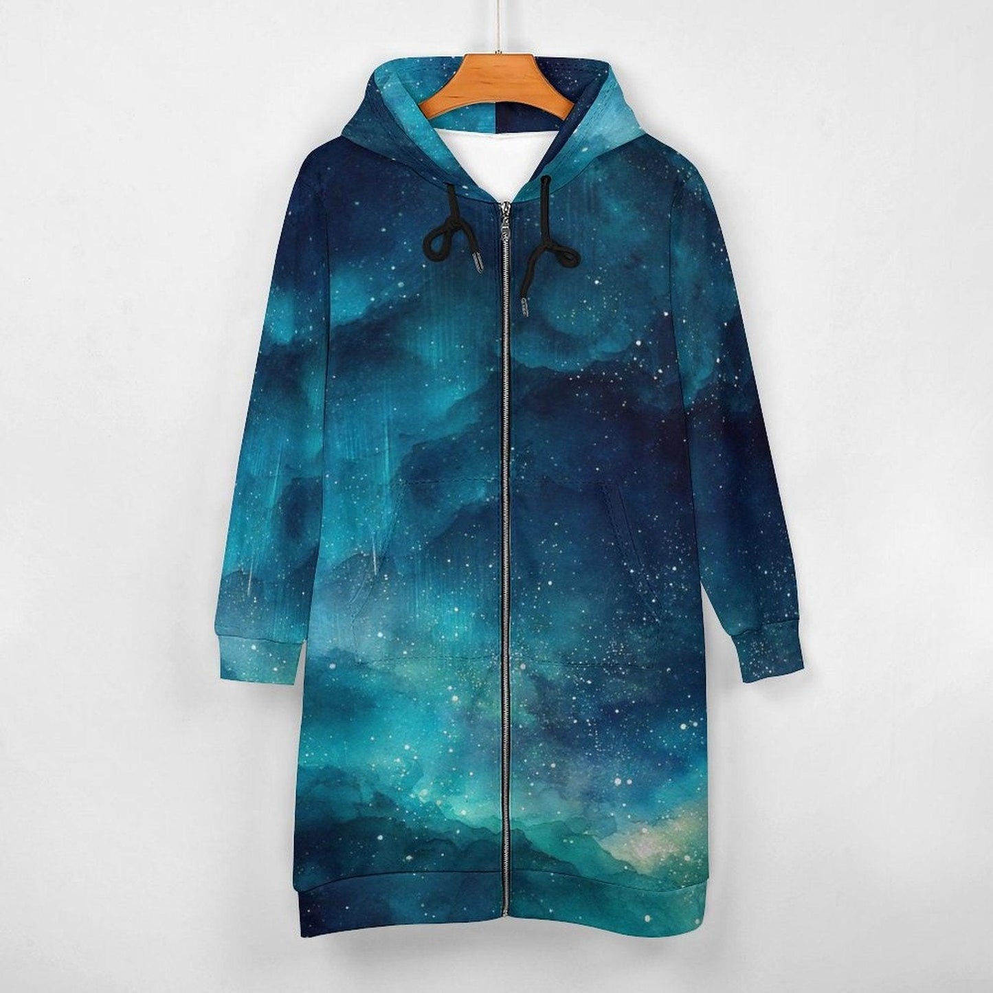 Blue galaxy hooded cardigan, long zip hoodie coat, watercolor star print outerwear