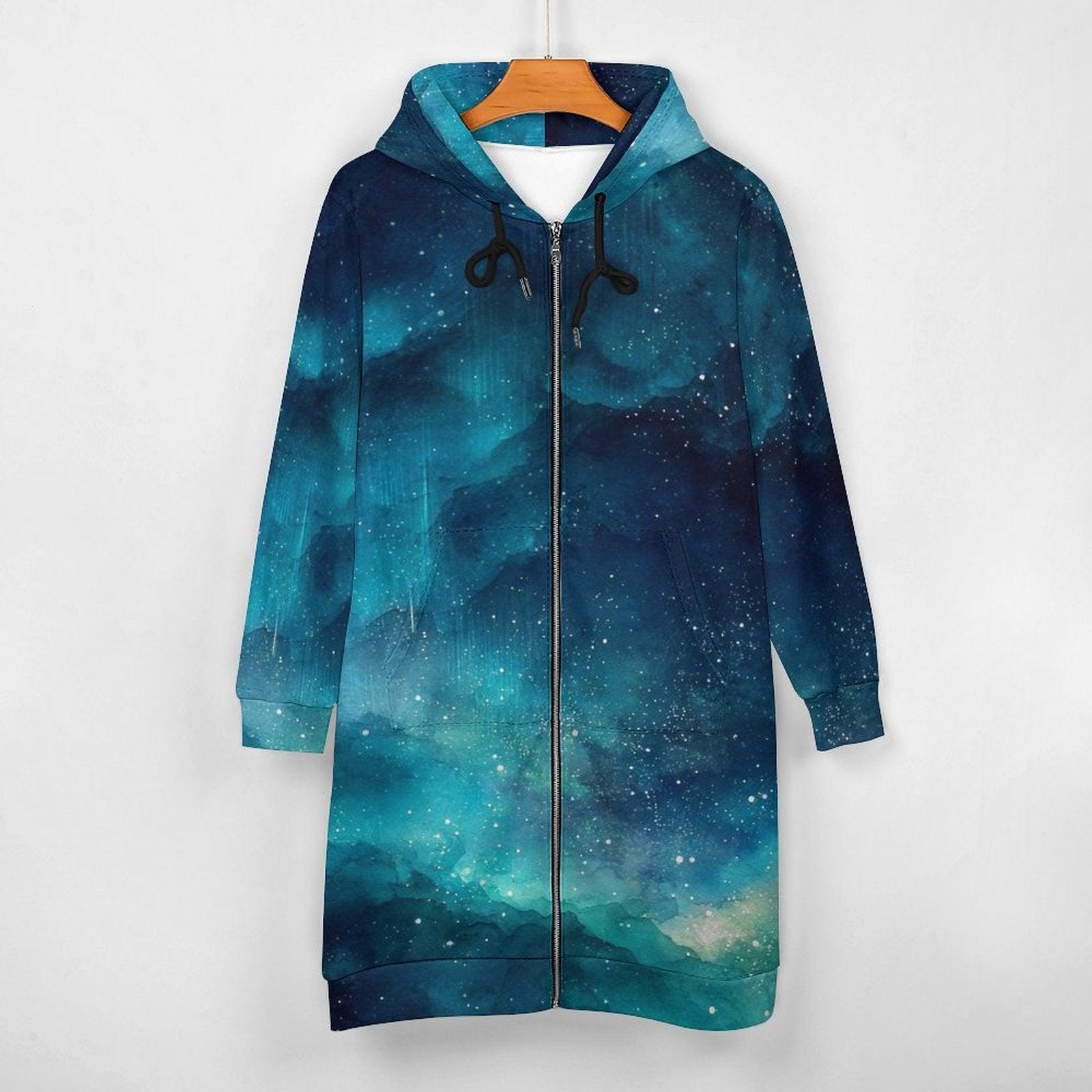 Blue galaxy hooded cardigan, long zip hoodie coat, watercolor star print outerwear