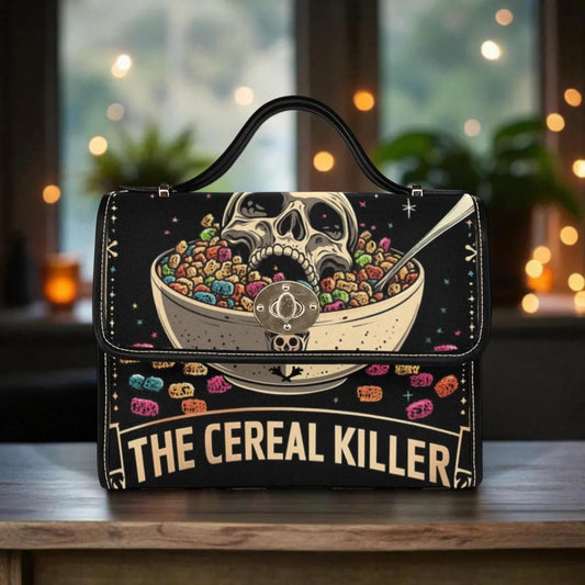 Dark humor shoulder bag, cereal killer canvas satchel, alt goth streetwear purse, spooky skeleton crossbody, funny baddie gift idea