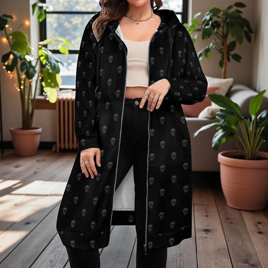 Minimal Skull Print Longline Zip Hoodie Dress, Gothic Layering Coat, Dark Streetwear