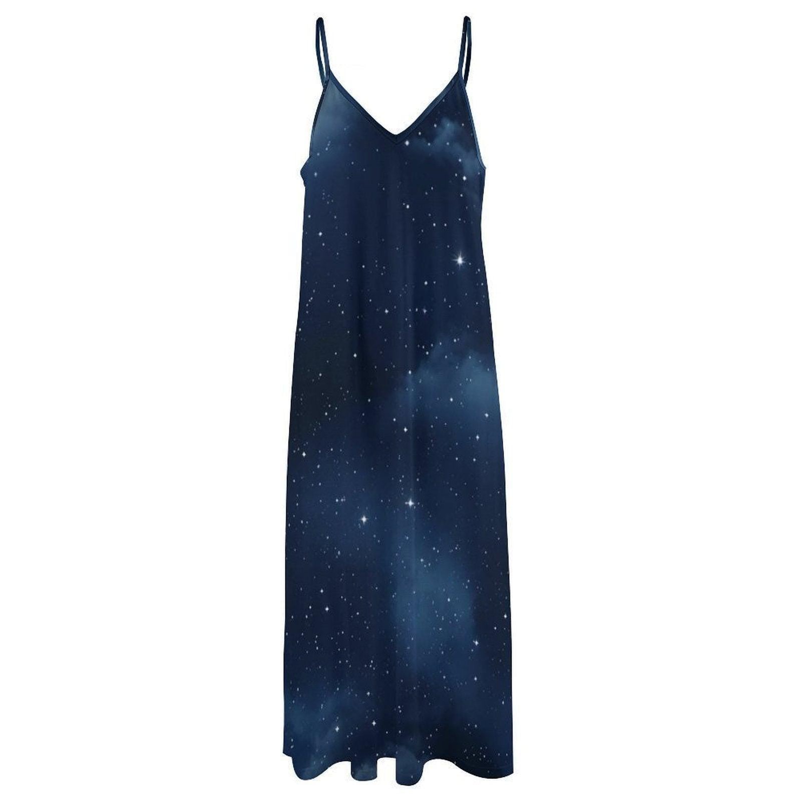 Galaxy night dress, Dark starry maxi, Witchcore summer outfit, Celestial print sundress, Cosmic sky fashion, Moonlit night gown, Star field