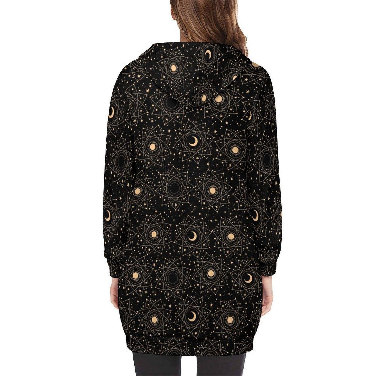 Celestial Moon Sun Hoodie Cardigan, Long Zip Hooded Coat, Witchy Star Print Outerwear for Women