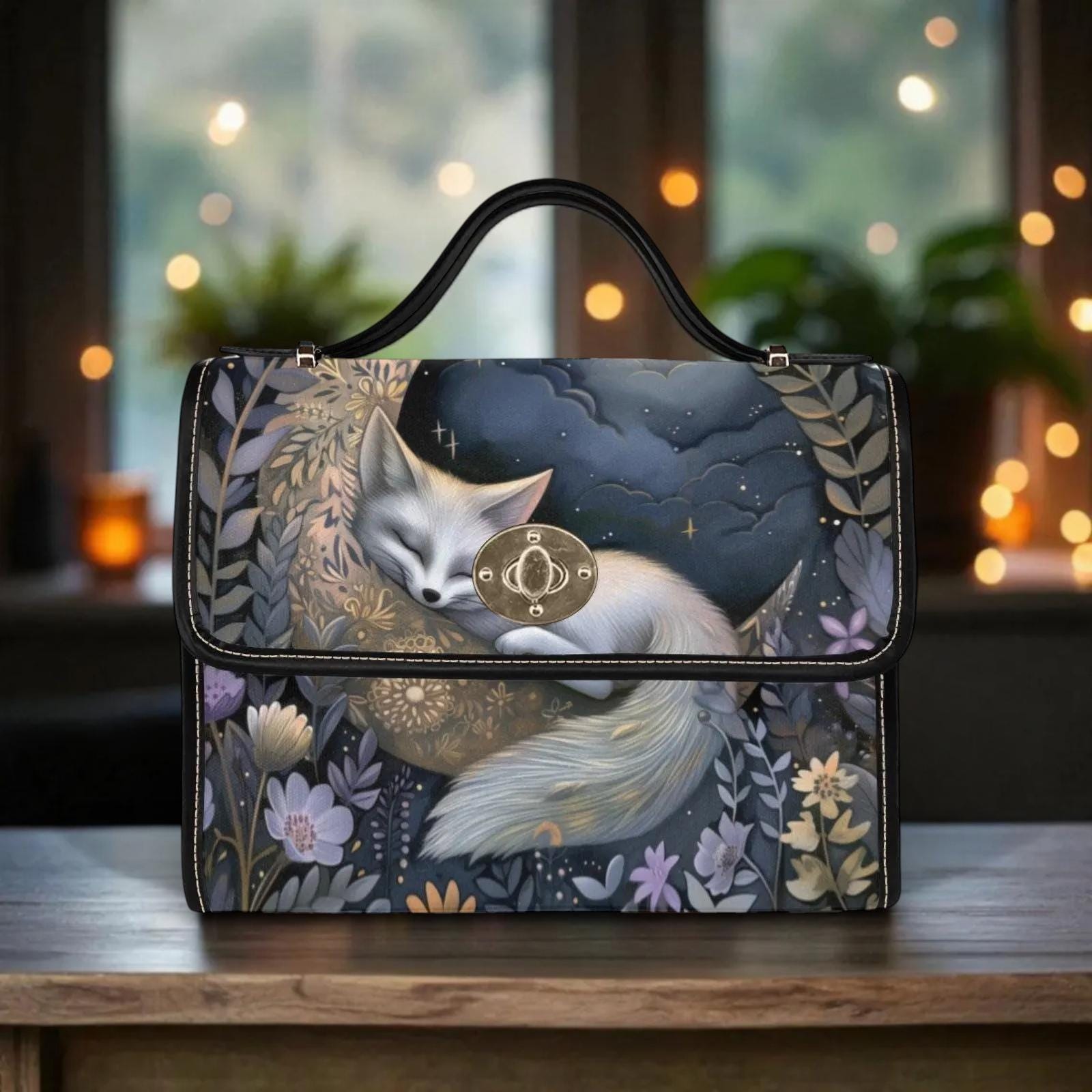 Sleeping Fox Woodland Night Handbag, Fairycore Fantasy Forest Clutch, Celestial Animal Bag