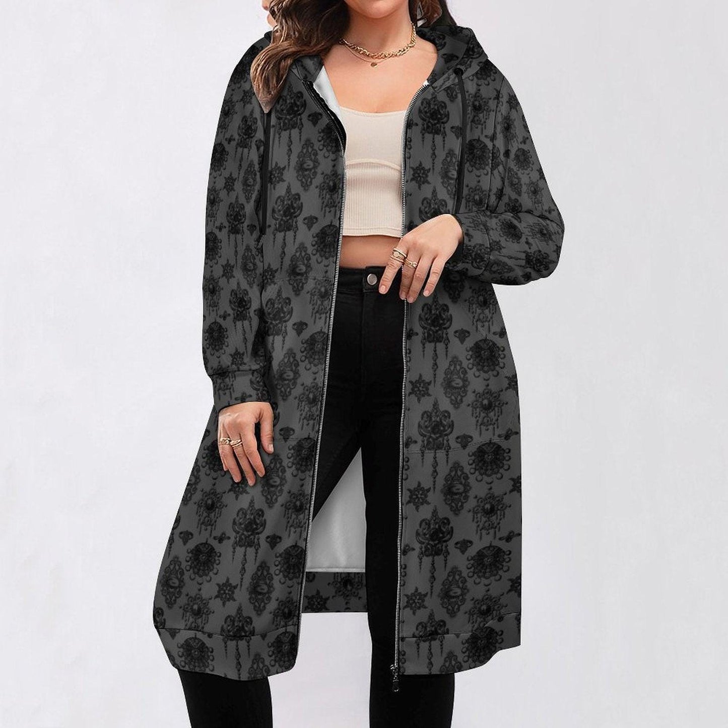Gothic Hooded Cardigan, Long Zip Hoodie Jacket, Black Damask Dark Academia Duster